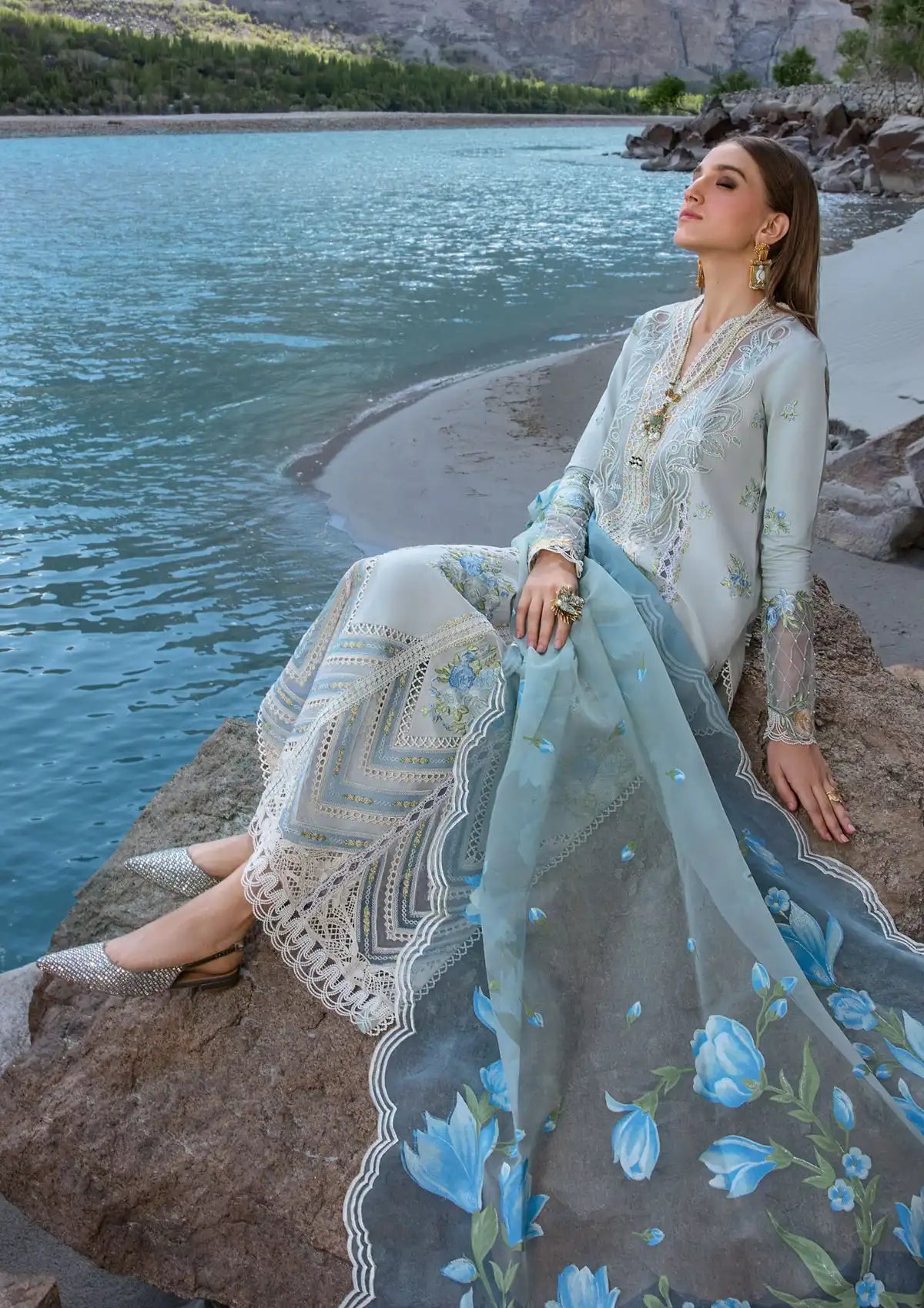 Crimson Luxury Lawn'24 D-03A-Forget Me Not-Ice Blue - Mohsin Saeed Fabrics