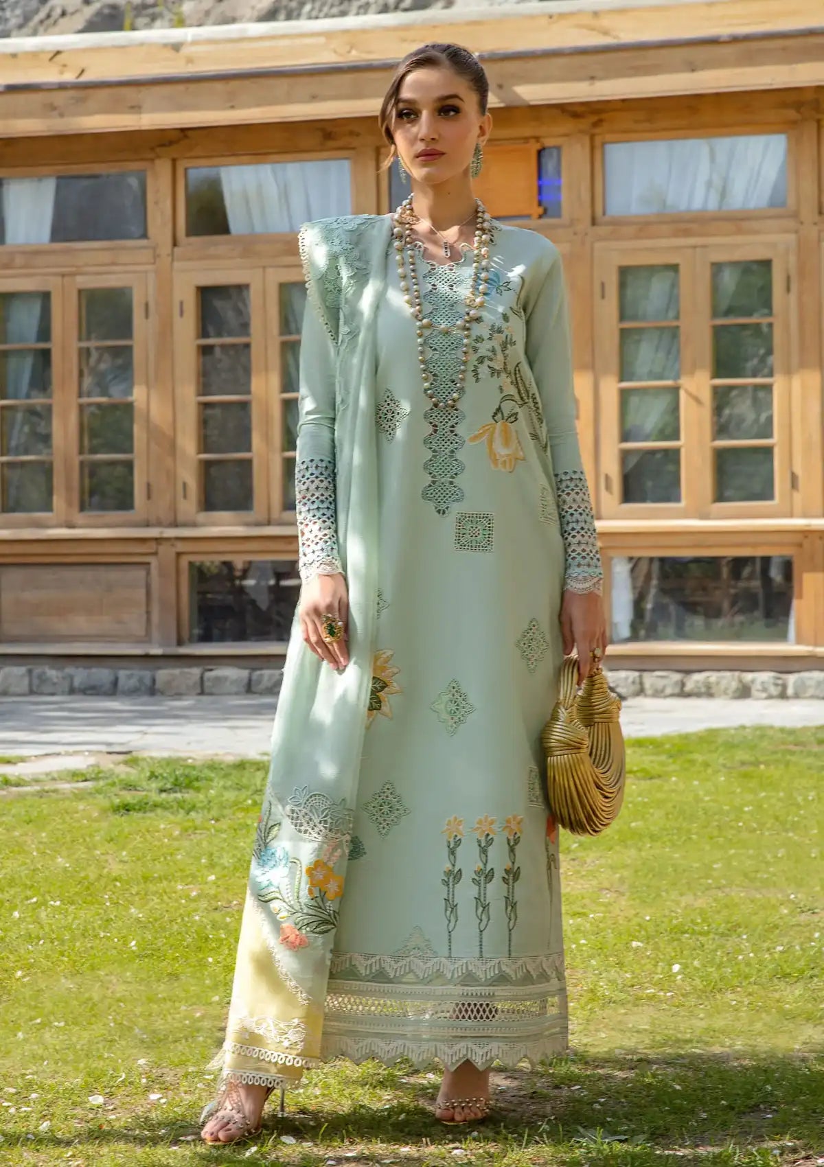 Crimson Luxury Lawn'24 D-04B-Into The Wild-Aqua - Mohsin Saeed Fabrics