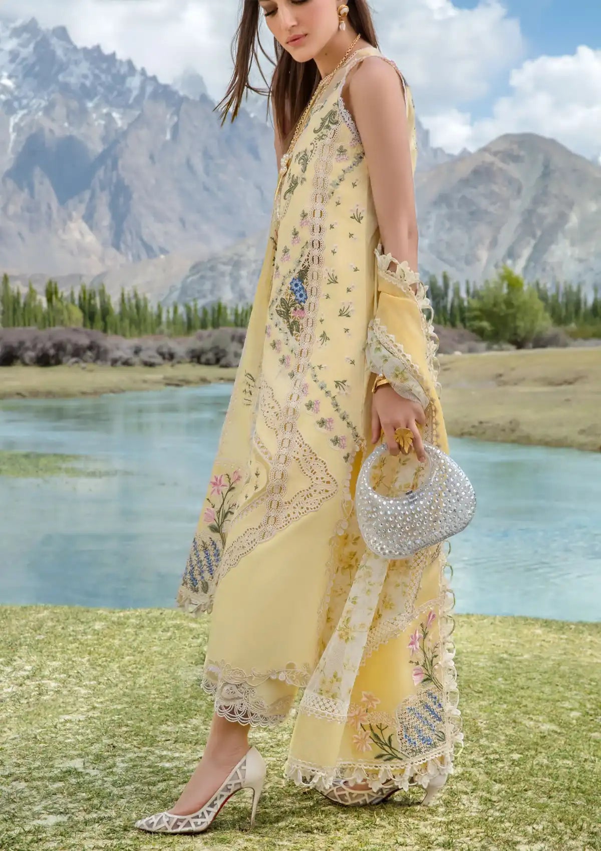 Crimson Luxury Lawn'24 D-02A-A French Brunch-Sunflower Yellow - Mohsin Saeed Fabrics