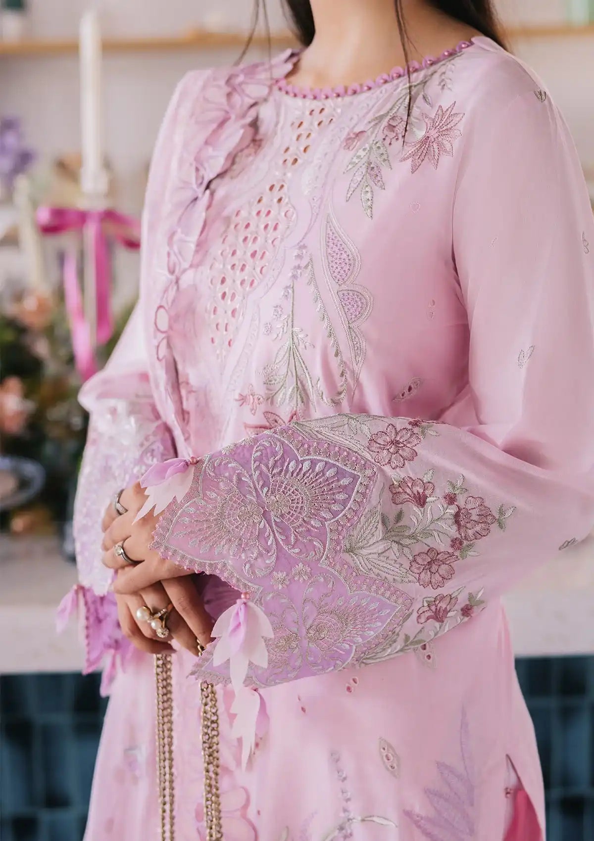 Nureh Eid Escape Luxury Lawn'24 NE-87 SPARKLE PINK - Mohsin Saeed Fabrics
