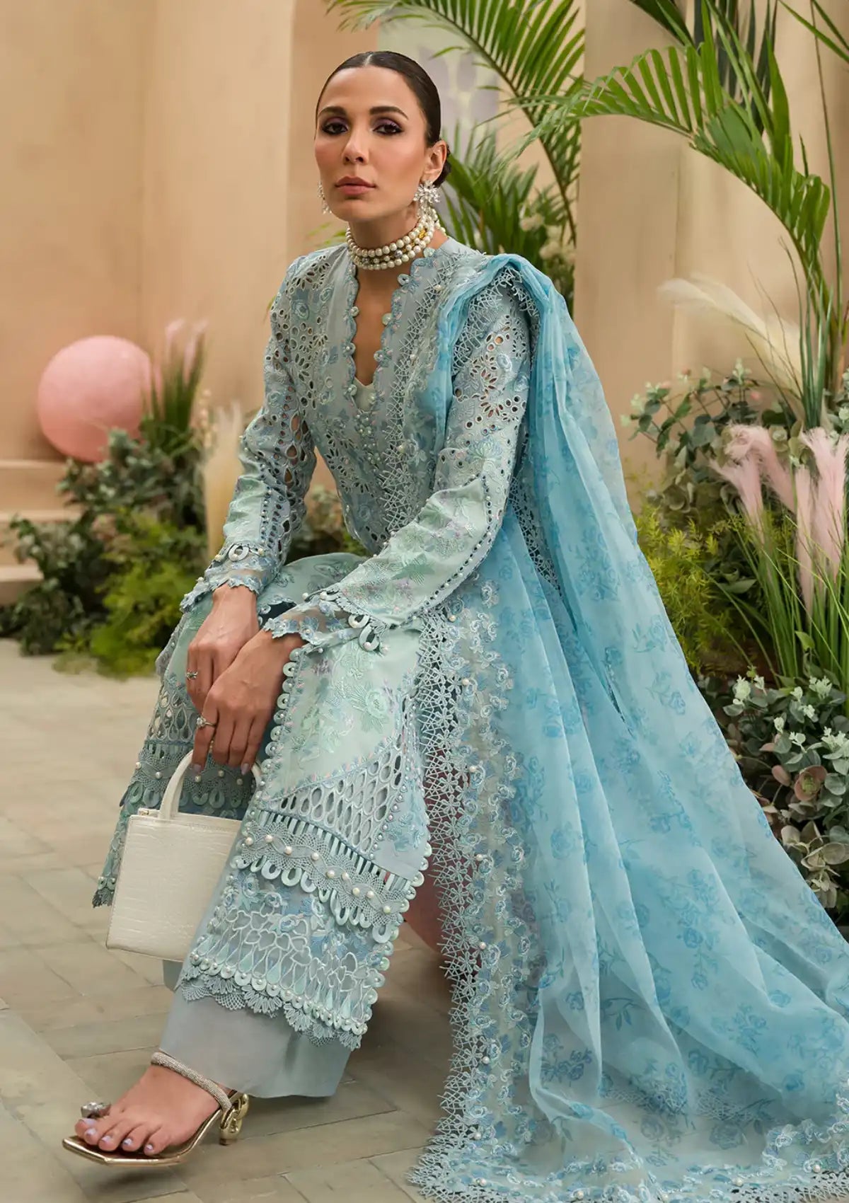 Afrozeh The Painted Garden Eid Lawn'24-05 Serene Sapphire - Mohsin Saeed Fabrics