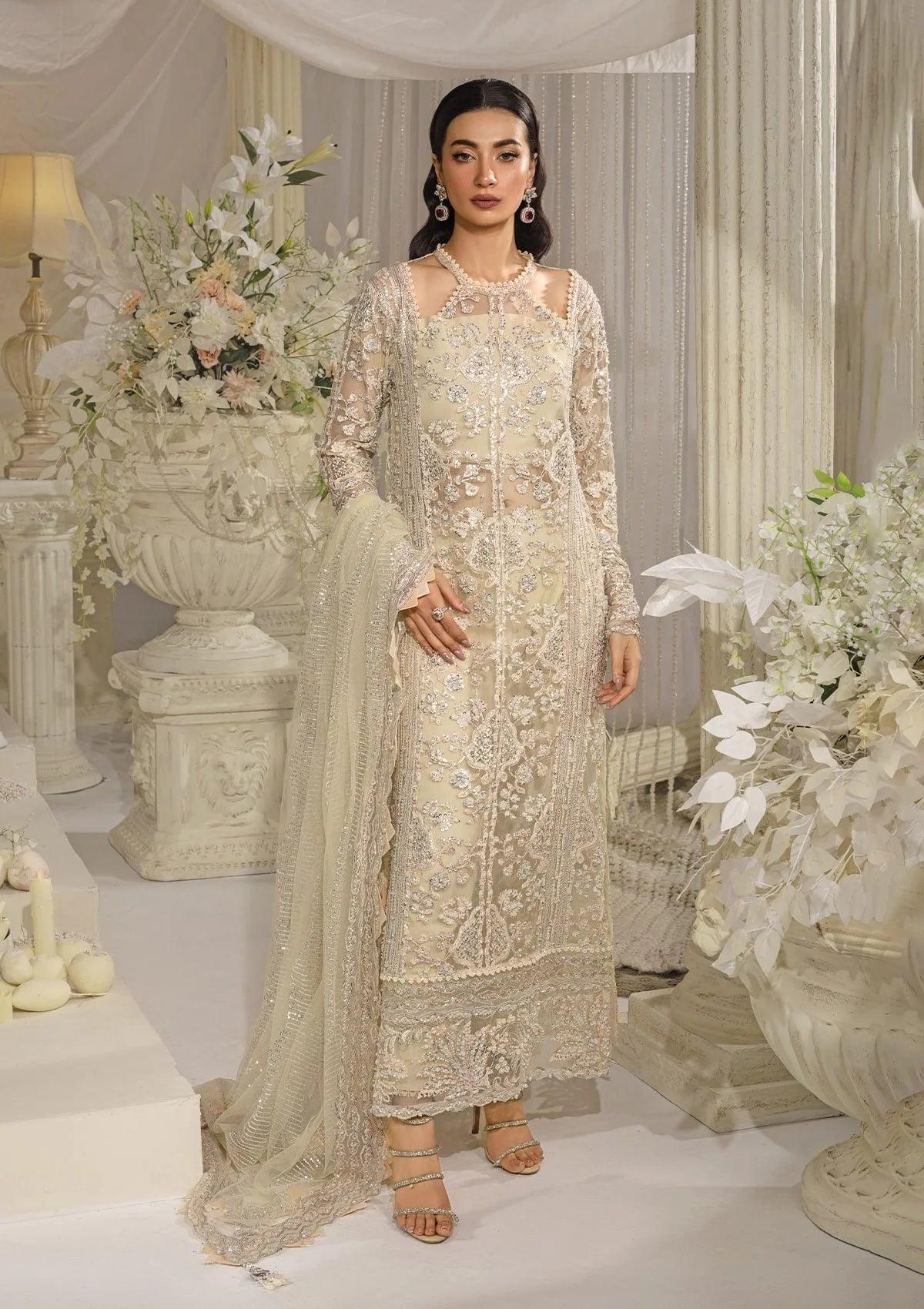 Elaf Evara Aura luxury formal dress in ivory with embroidered hand-embellished front and dupatta, 2024 collection.