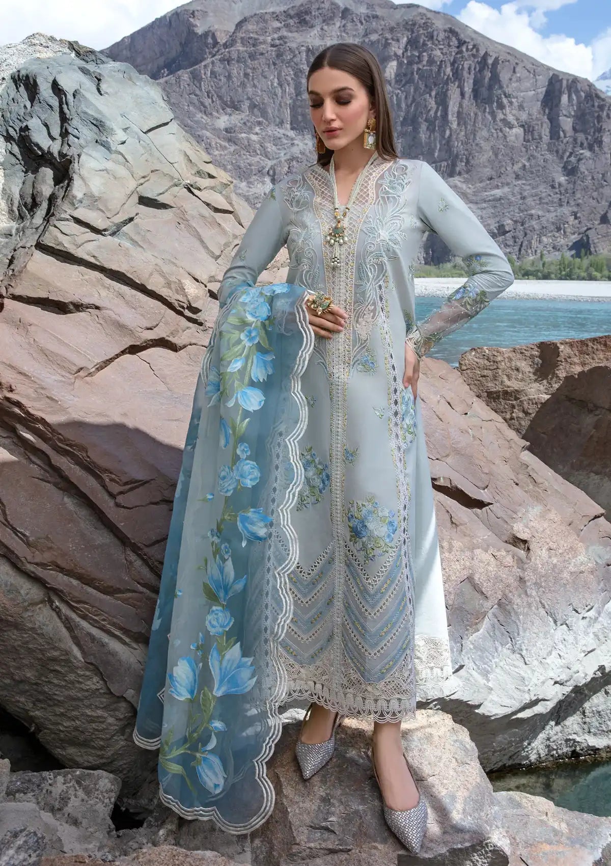 Crimson Luxury Lawn'24 D-03A-Forget Me Not-Ice Blue - Mohsin Saeed Fabrics