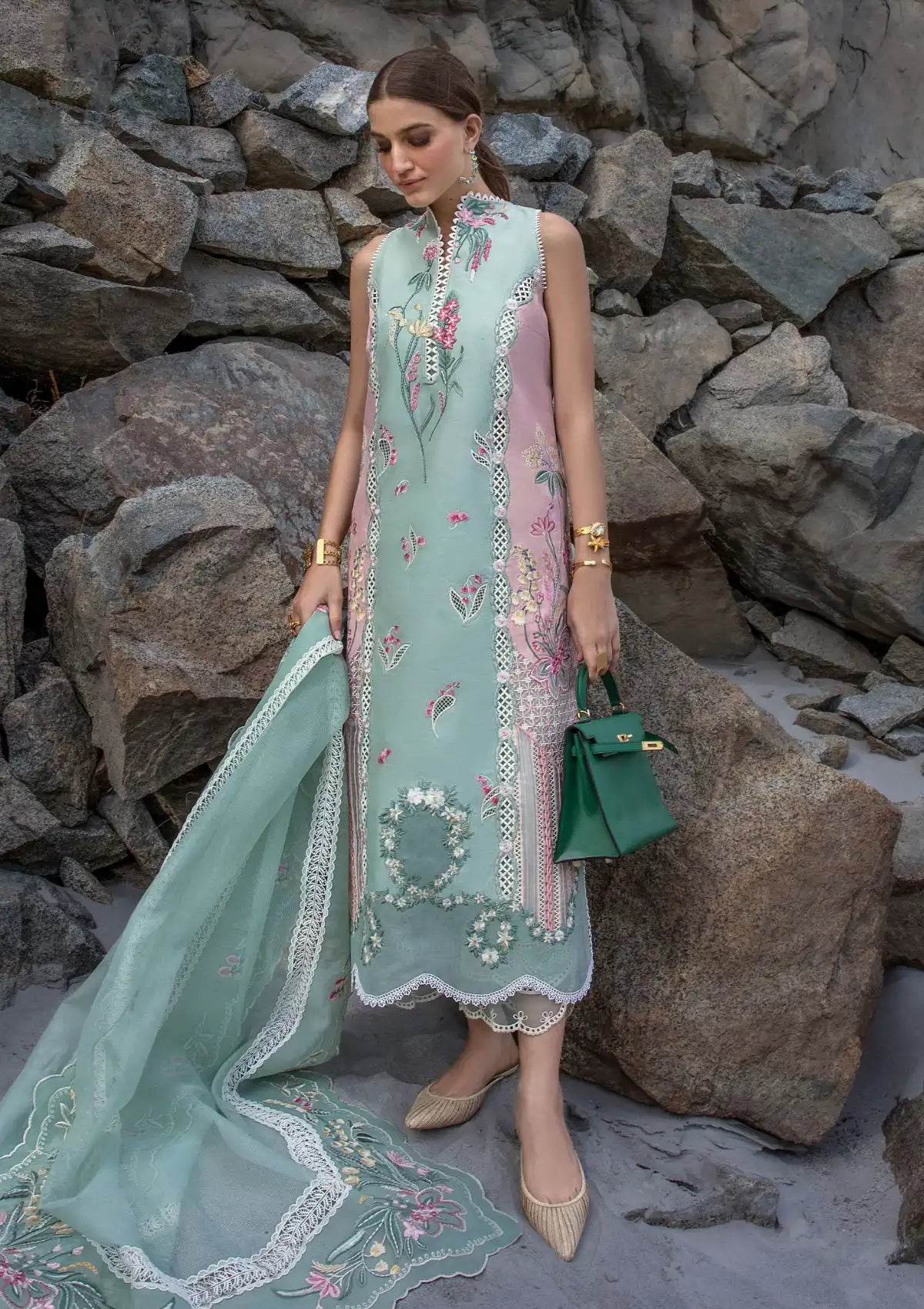 Crimson Luxury Lawn'24 D-06A-Sun Kissed-Sea Foam - Mohsin Saeed Fabrics
