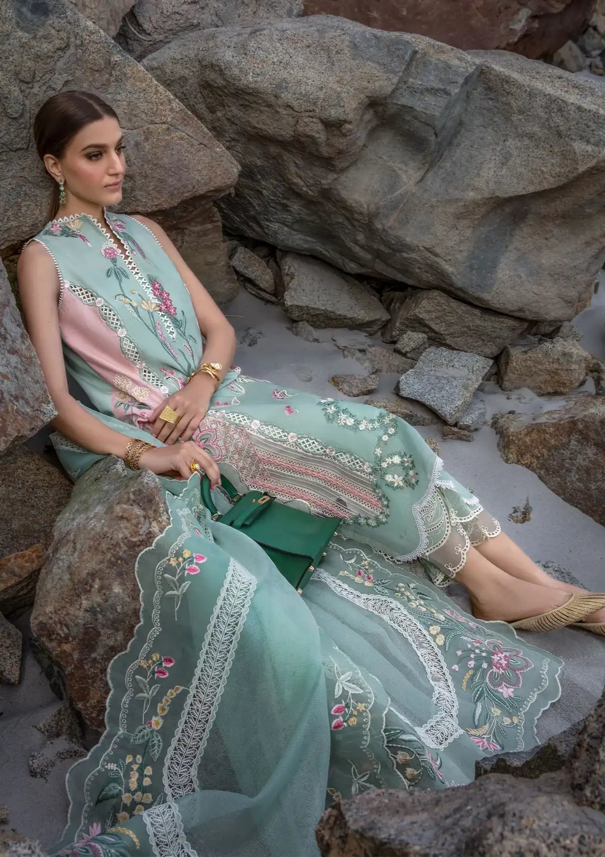 Crimson Luxury Lawn'24 D-06A-Sun Kissed-Sea Foam - Mohsin Saeed Fabrics