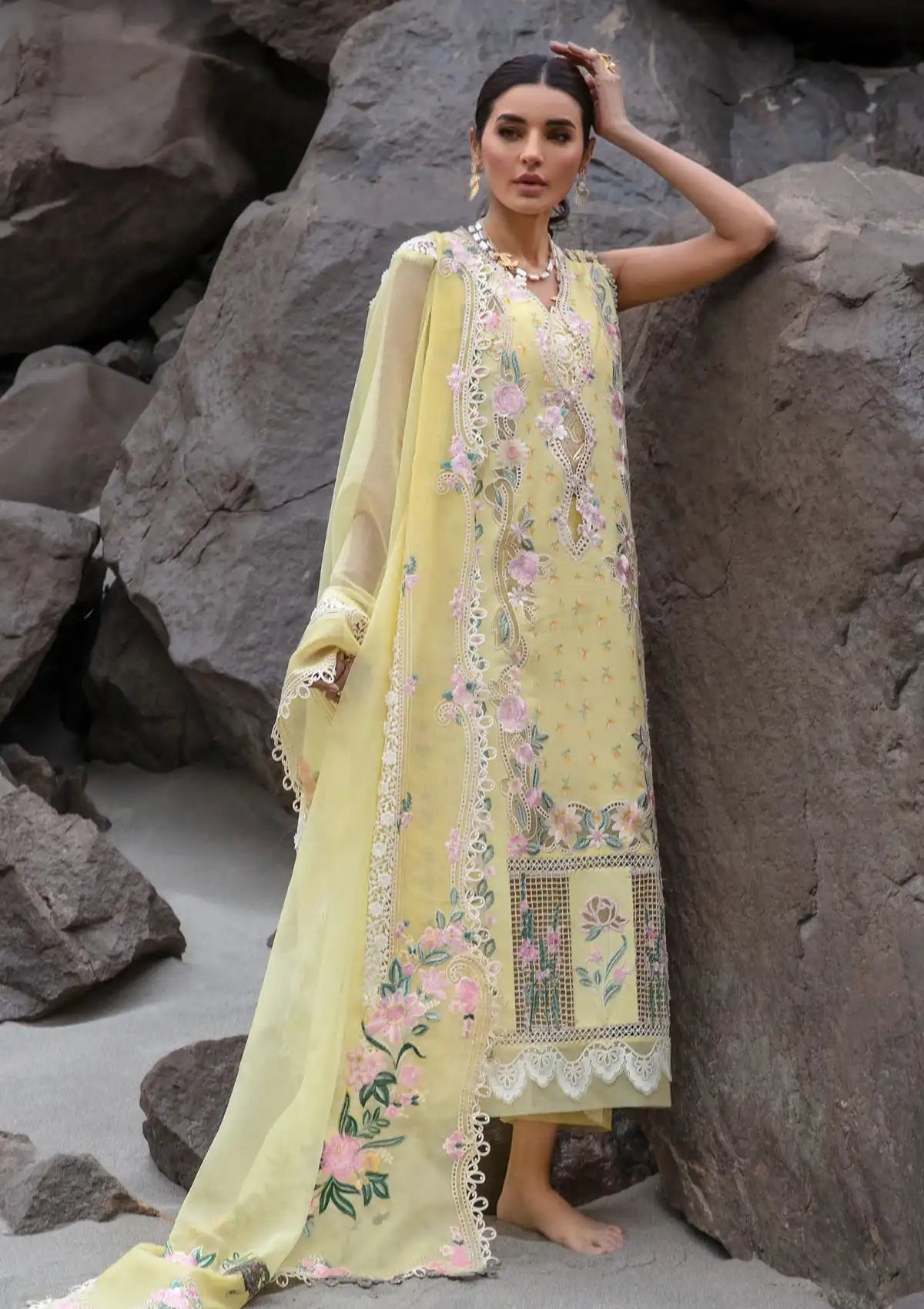 Crimson Luxury Lawn'24 D-05A-Believe In Her-Topaz Yellow - Mohsin Saeed Fabrics