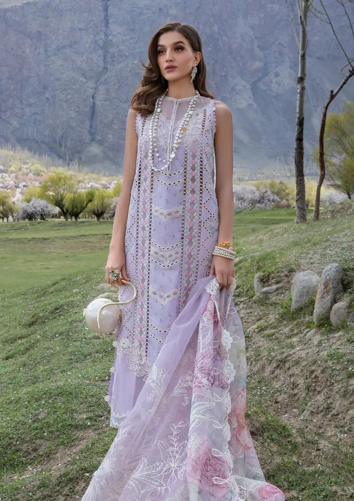 Crimson Luxury Lawn'24 D-07A-A Floral Mesh-Lavender - Mohsin Saeed Fabrics