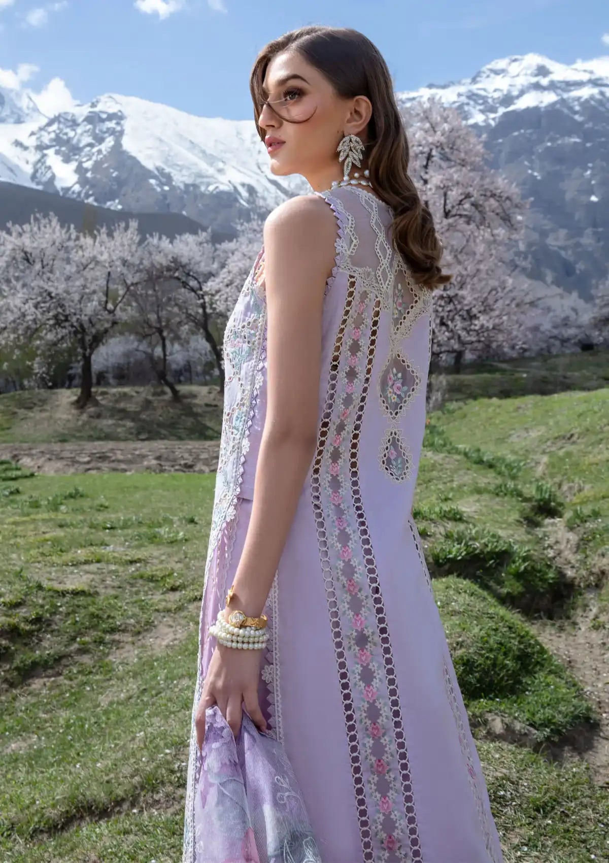 Crimson Luxury Lawn'24 D-07A-A Floral Mesh-Lavender - Mohsin Saeed Fabrics