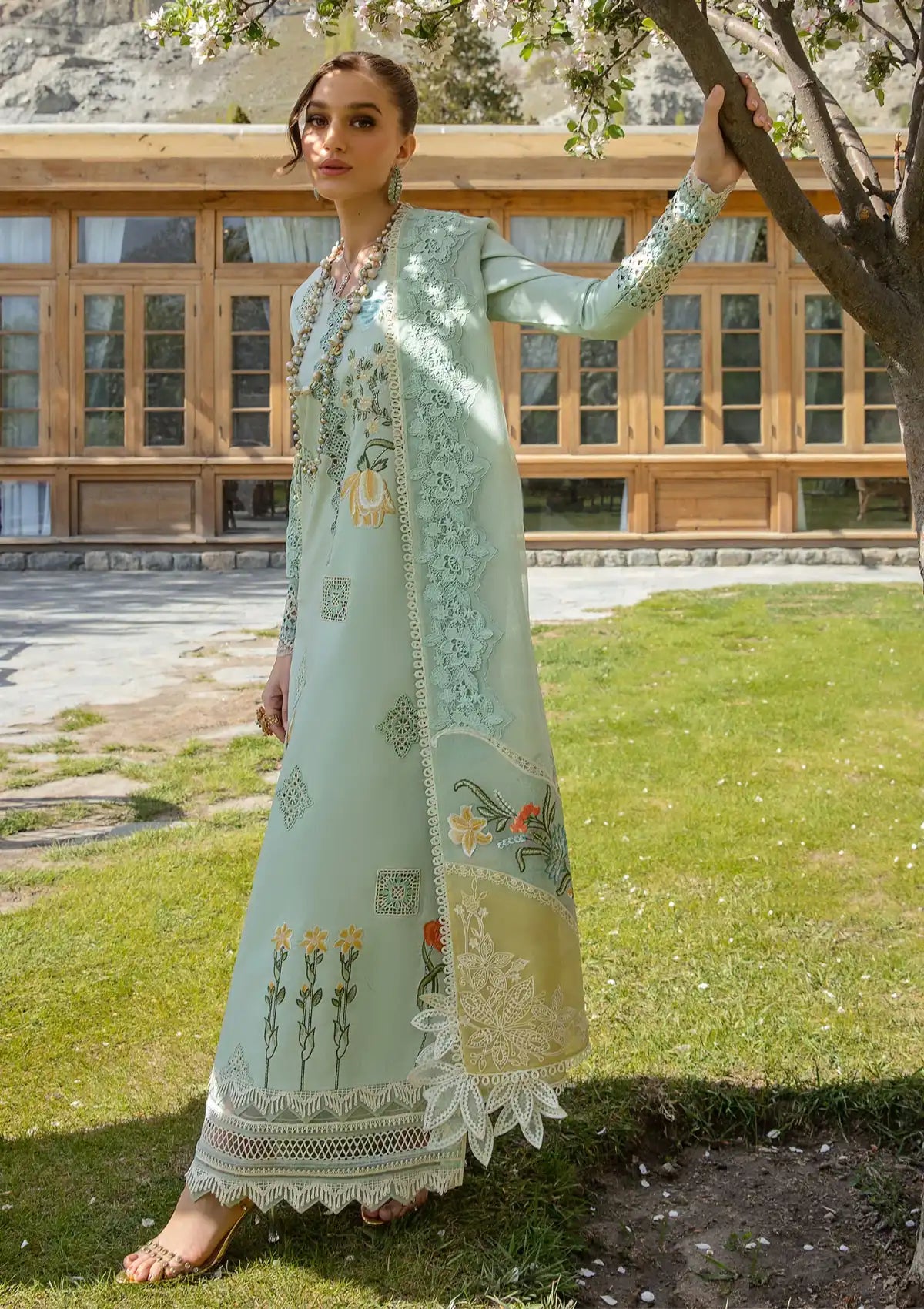 Crimson Luxury Lawn'24 D-04B-Into The Wild-Aqua - Mohsin Saeed Fabrics