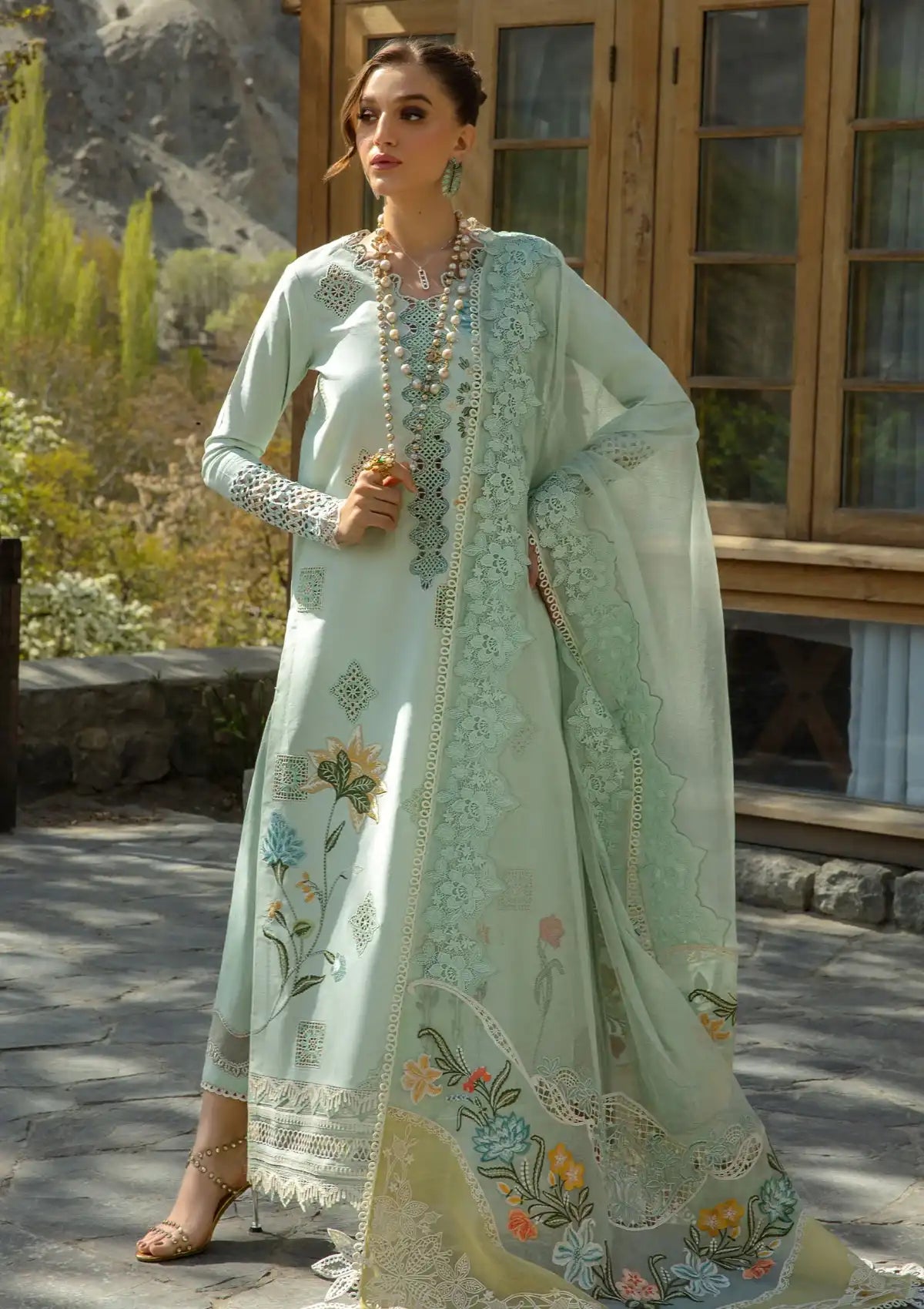 Crimson Luxury Lawn'24 D-04B-Into The Wild-Aqua - Mohsin Saeed Fabrics