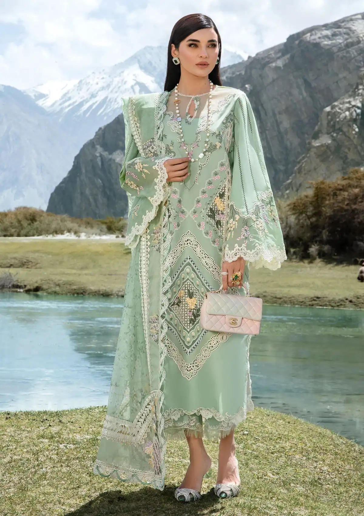 Crimson Luxury Lawn'24 D-02B-A French Brunch-Sage - Mohsin Saeed Fabrics