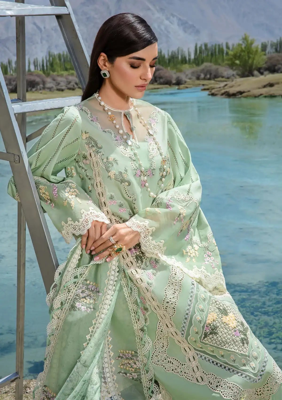 Crimson Luxury Lawn'24 D-02B-A French Brunch-Sage - Mohsin Saeed Fabrics