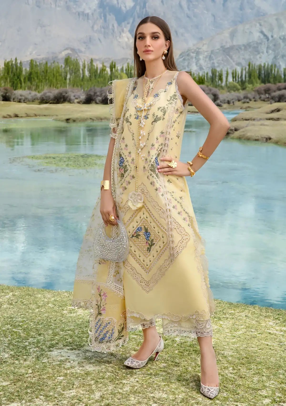 Crimson Luxury Lawn'24 D-02A-A French Brunch-Sunflower Yellow - Mohsin Saeed Fabrics