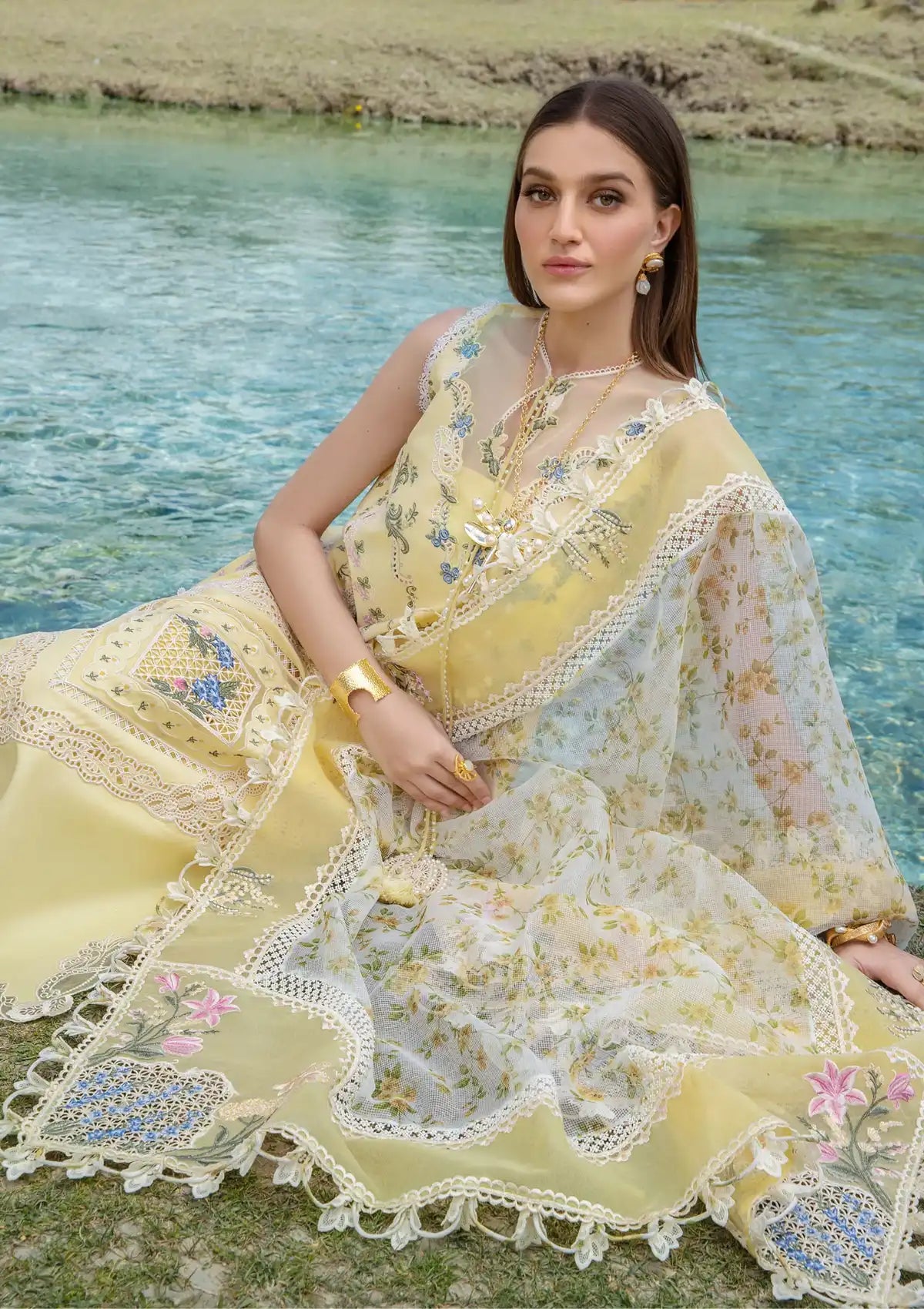 Crimson Luxury Lawn'24 D-02A-A French Brunch-Sunflower Yellow - Mohsin Saeed Fabrics