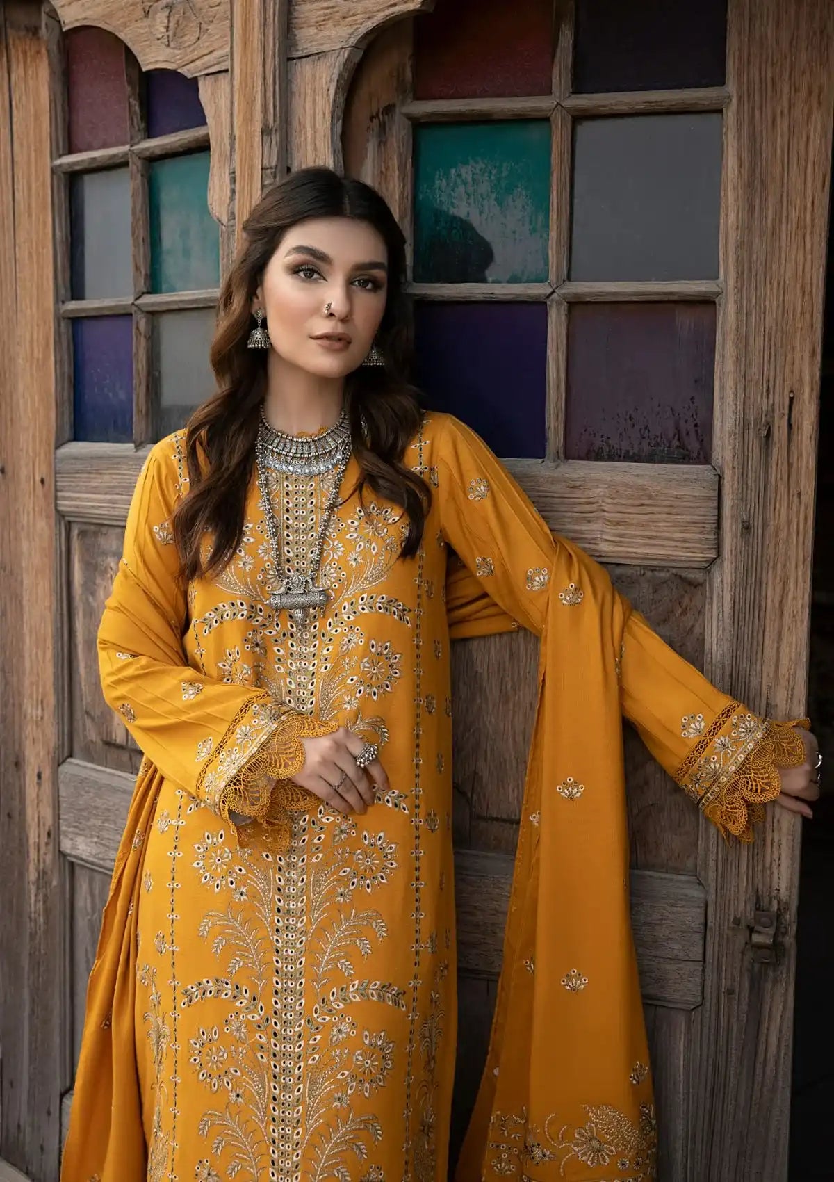 Humdum Vasl Emb Peach Leather'23 D-09 - Mohsin Saeed Fabrics