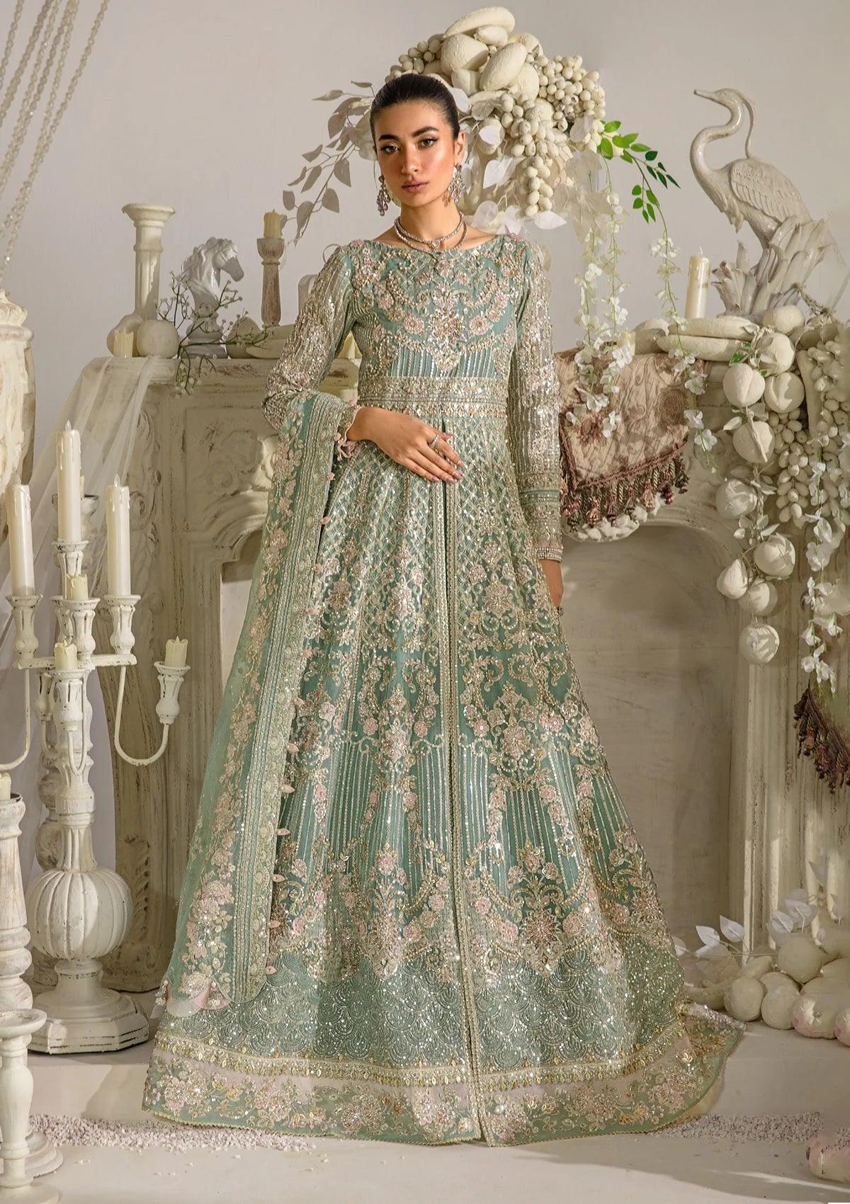 ELSA luxury formal wedding maxi from ELAF Evara Collection, featuring an embroidered organza hand-embellished front and exquisite organza dupatta in aqua, perfect for elegant occasions.