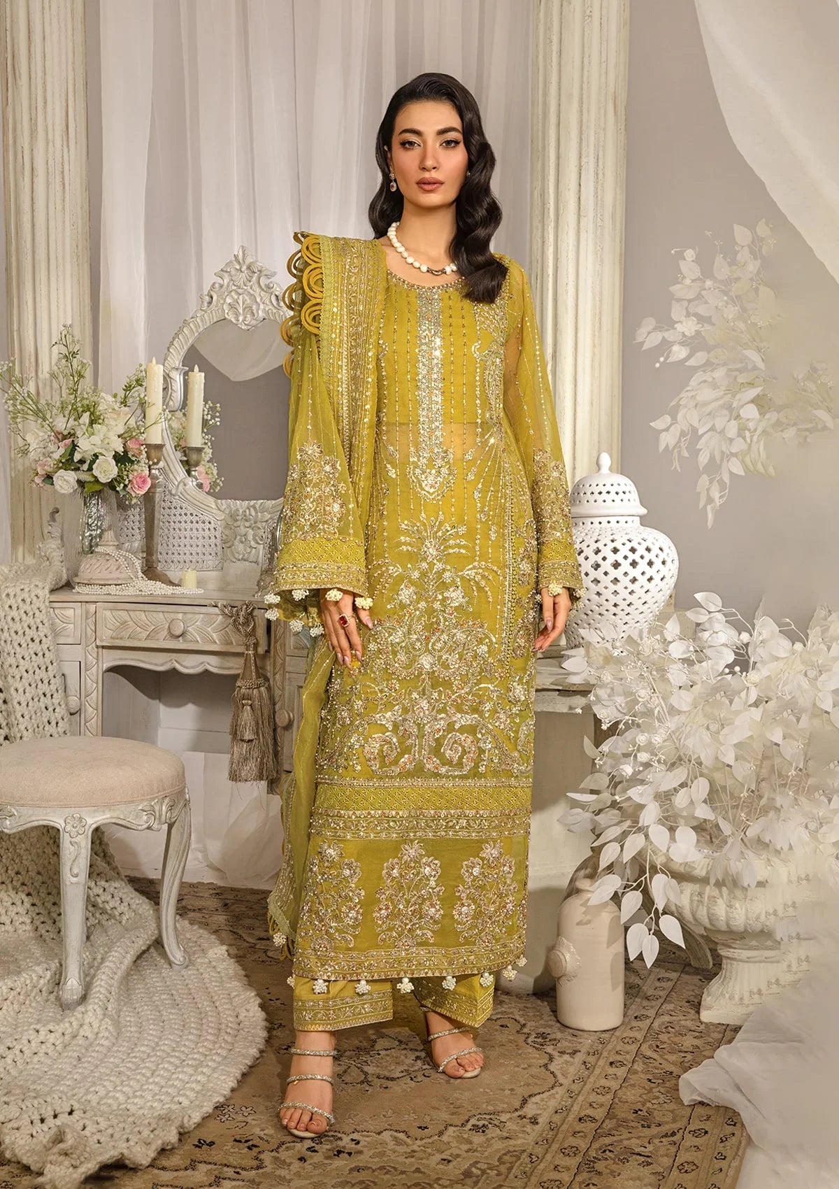 SUNLIT luxury formal dress from ELAF Evara Collection in chic lemon, featuring embroidered organza hand-embellished front, back, and sleeves, perfect for elegant occasions.