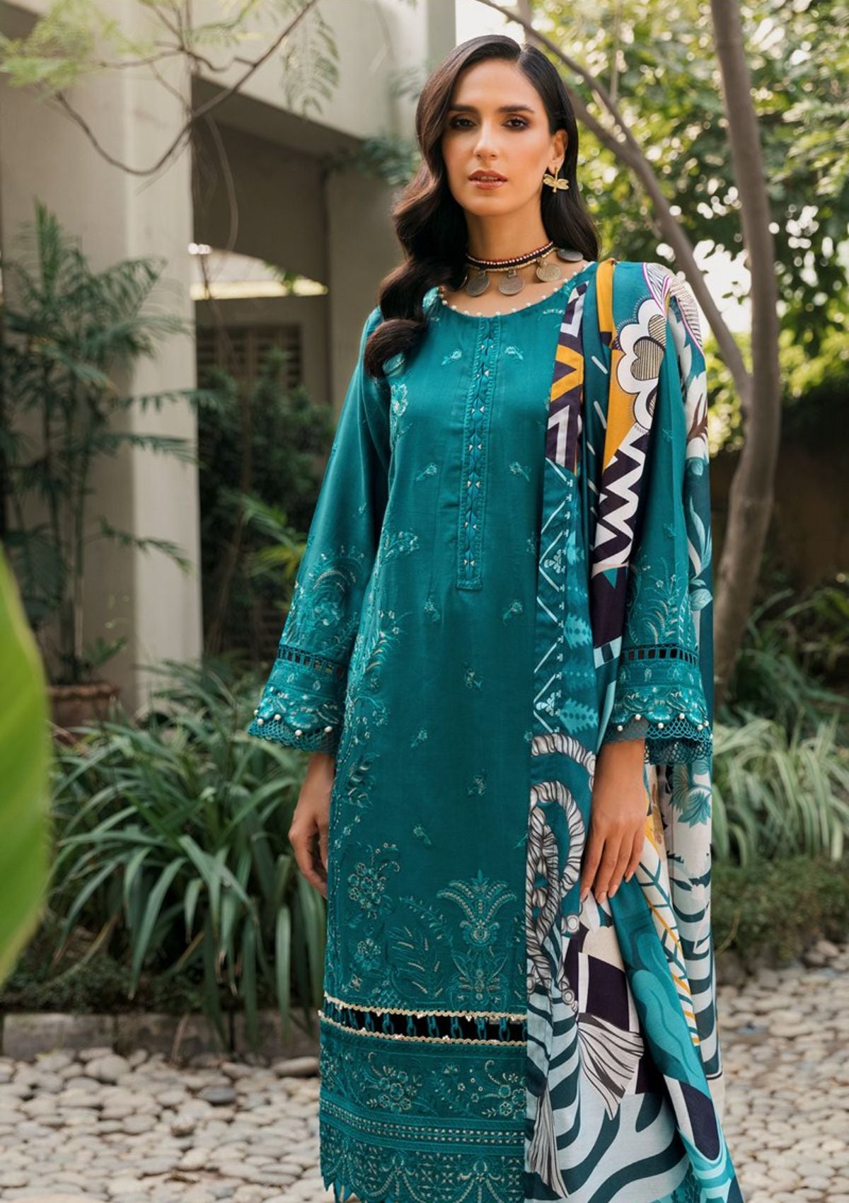 Farasha Khaddar Collection'21 FK'21 05-Calypso Teal - Mohsin Saeed Fabrics