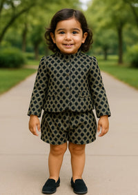 mohsin-saeed-fabrics-designer-daily-wear-formal-and-wedding-suits-within-budget-This-product-is-from-girls-jacquard-blazer-shorts-in-black-and-white-is-available-on-Mohsin-saeed-fabrics-website.