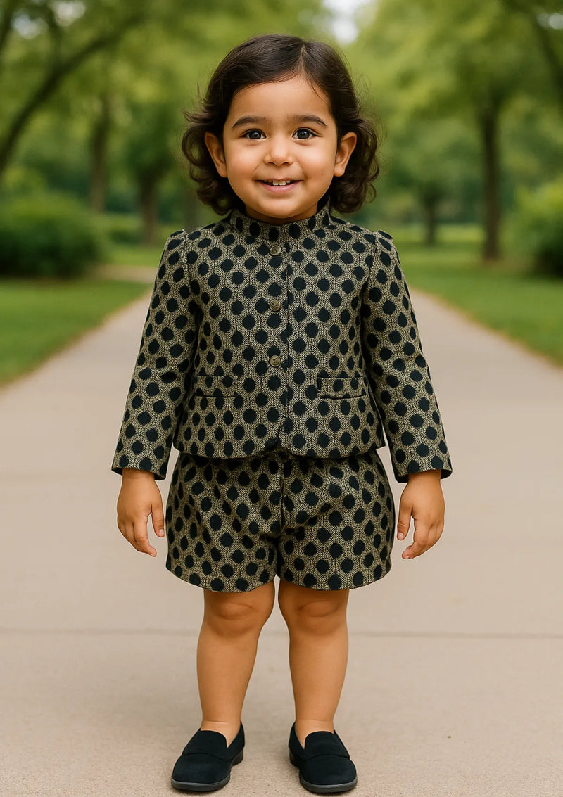 mohsin-saeed-fabrics-designer-daily-wear-formal-and-wedding-suits-within-budget-This-product-is-from-girls-jacquard-blazer-shorts-in-black-and-white-is-available-on-Mohsin-saeed-fabrics-website.