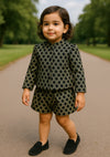 mohsin-saeed-fabrics-designer-daily-wear-formal-and-wedding-suits-within-budget-This-product-is-from-girls-jacquard-blazer-shorts-in-black-and-white-is-available-on-Mohsin-saeed-fabrics-website.