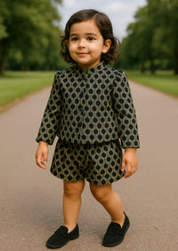 mohsin-saeed-fabrics-designer-daily-wear-formal-and-wedding-suits-within-budget-This-product-is-from-girls-jacquard-blazer-shorts-in-black-and-white-is-available-on-Mohsin-saeed-fabrics-website.