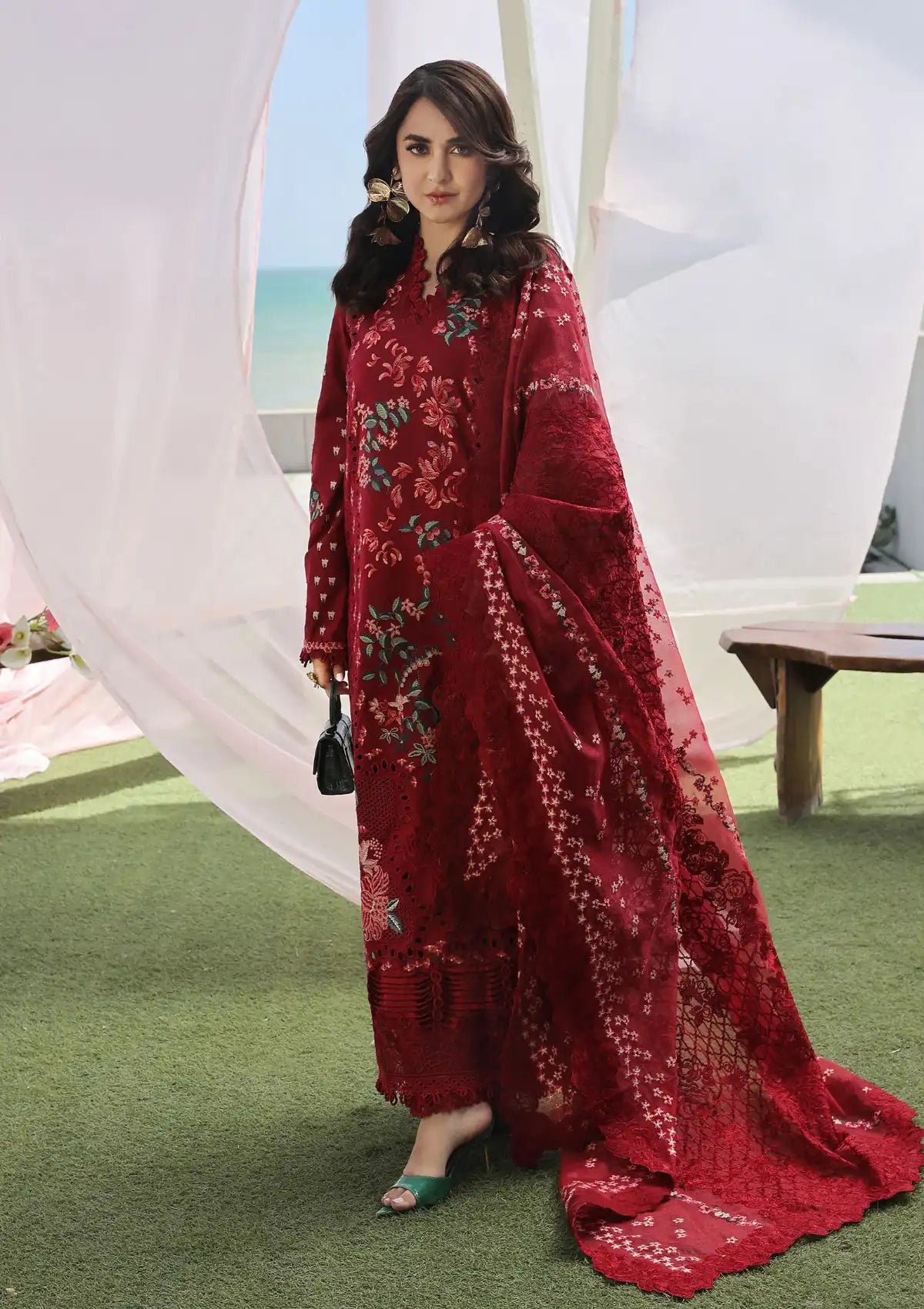 Maryam Hussain Luxury Lawn'24 D-06-CRIMSON - Mohsin Saeed Fabrics