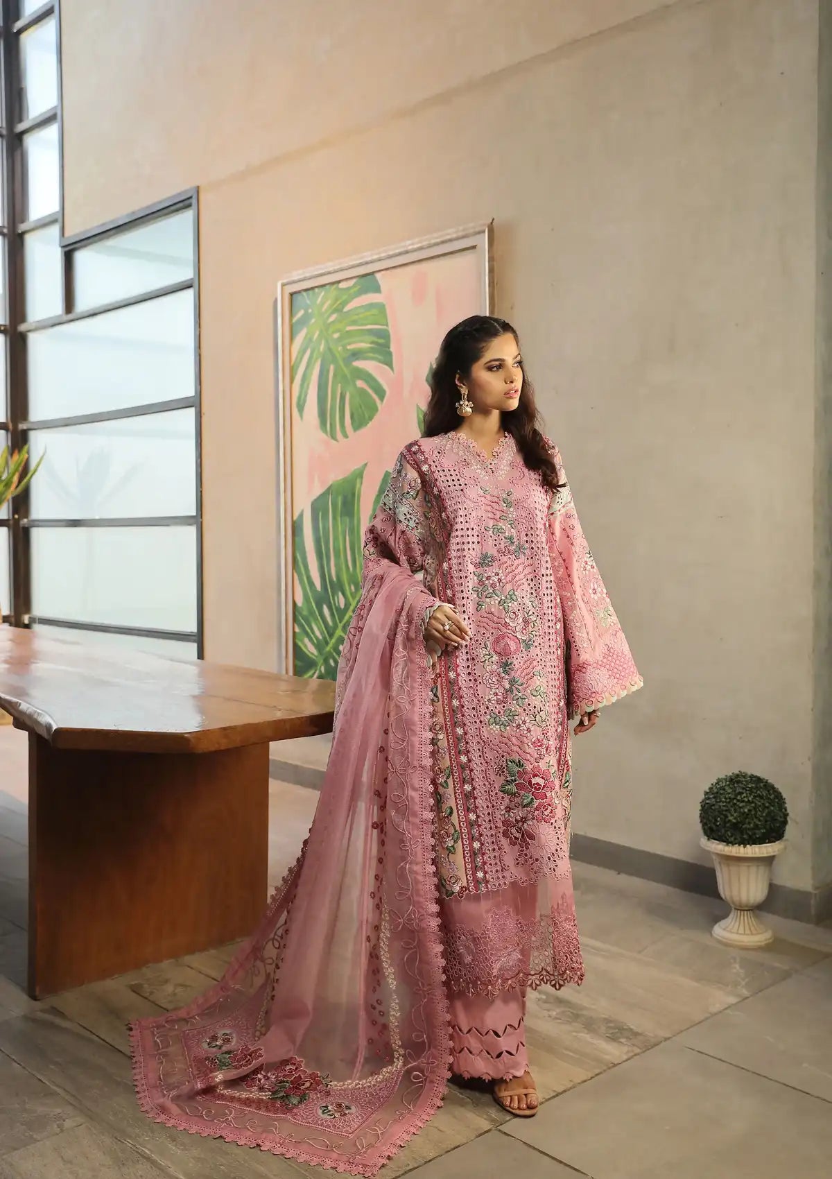 Maryam Hussain Luxury Lawn'24 D-10-CORAL - Mohsin Saeed Fabrics