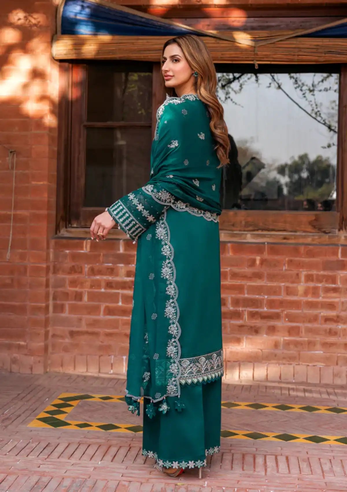 Farasha Kaavish Eid Festive Lawn'24 D-08 TEAL GARLAND - Mohsin Saeed Fabrics