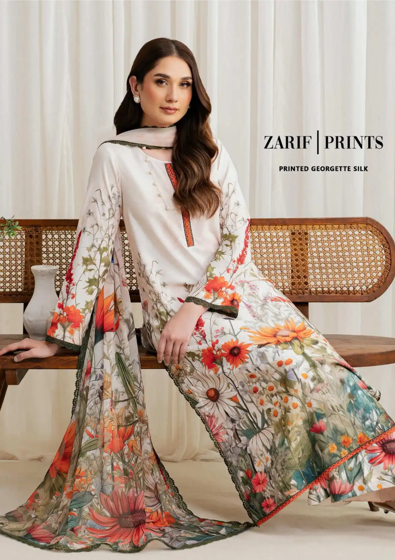 Zarif Printed Georgette Silk'24 ZCS-01 Cream