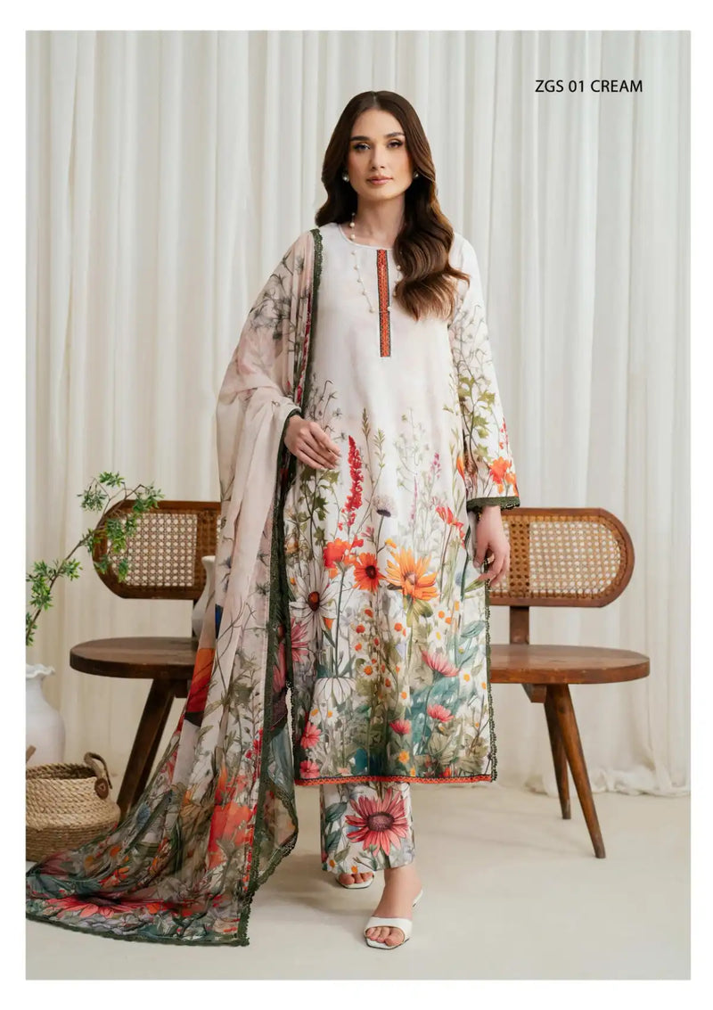 Zarif Printed Georgette Silk'24 ZCS-01 Cream