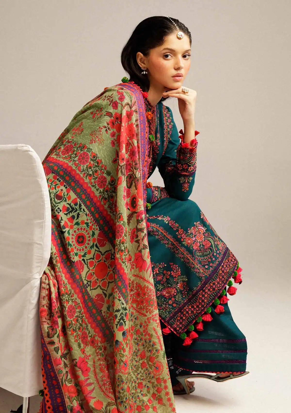 Hussain Rehar Winter Shawl Khaddar'23 Teal - Mohsin Saeed Fabrics