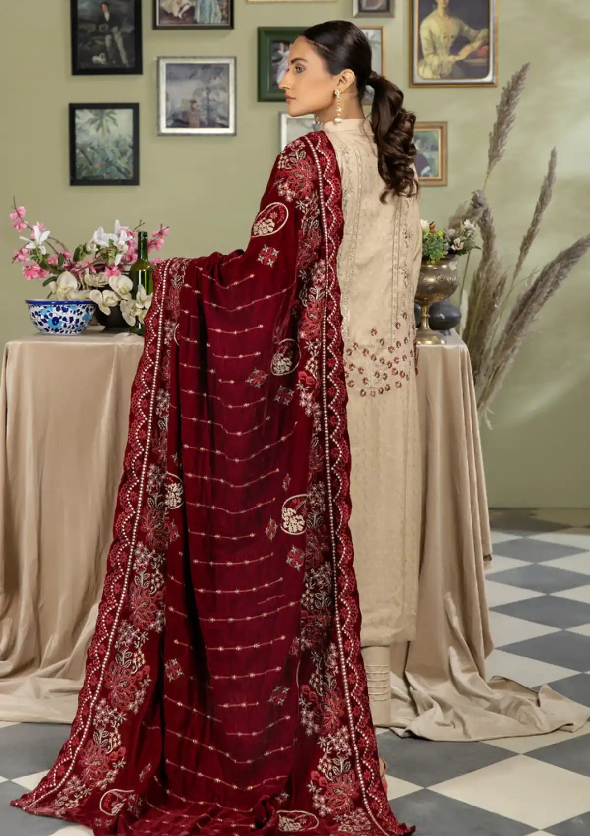 Marjjan Velvet Shawl'24 MVD-21 RED