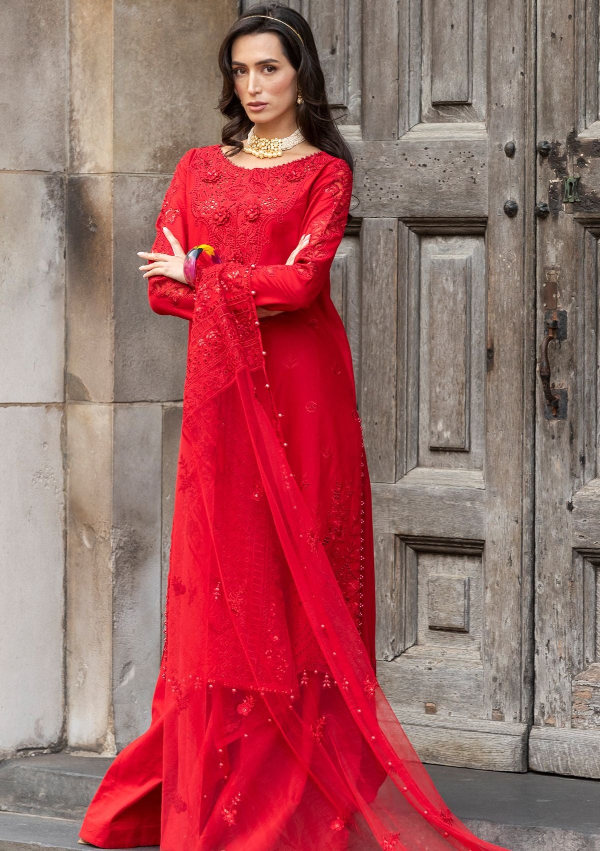 Meem Luxury Eid Lawn'24 D-10 RED - Mohsin Saeed Fabrics