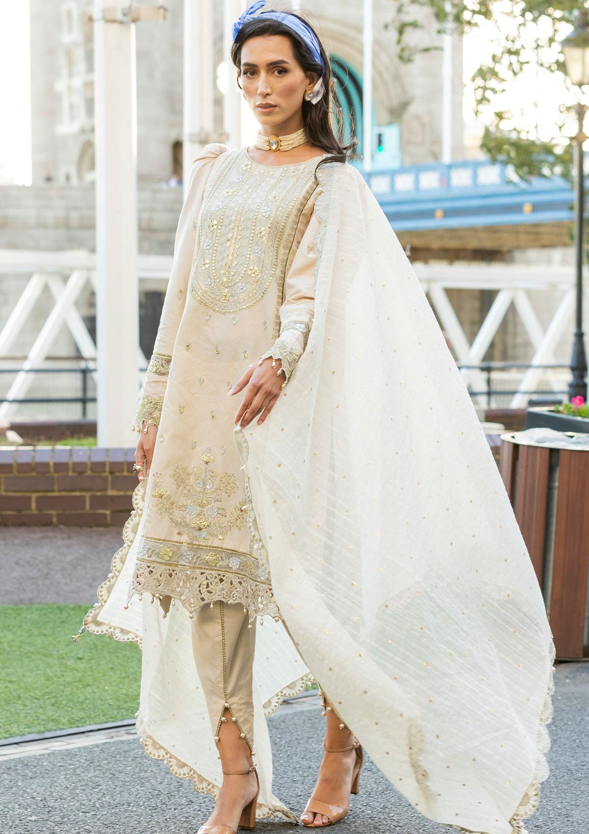 Meem Luxury Eid Lawn'24 D-04 LIGHT SKIN - Mohsin Saeed Fabrics