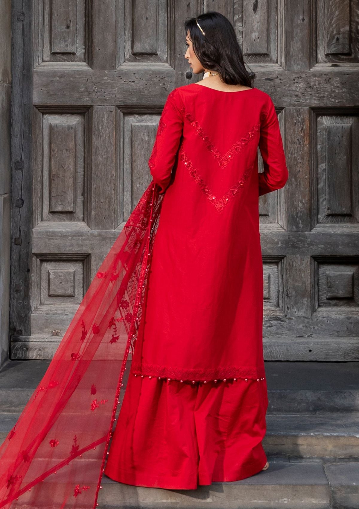Meem Luxury Eid Lawn'24 D-10 RED - Mohsin Saeed Fabrics