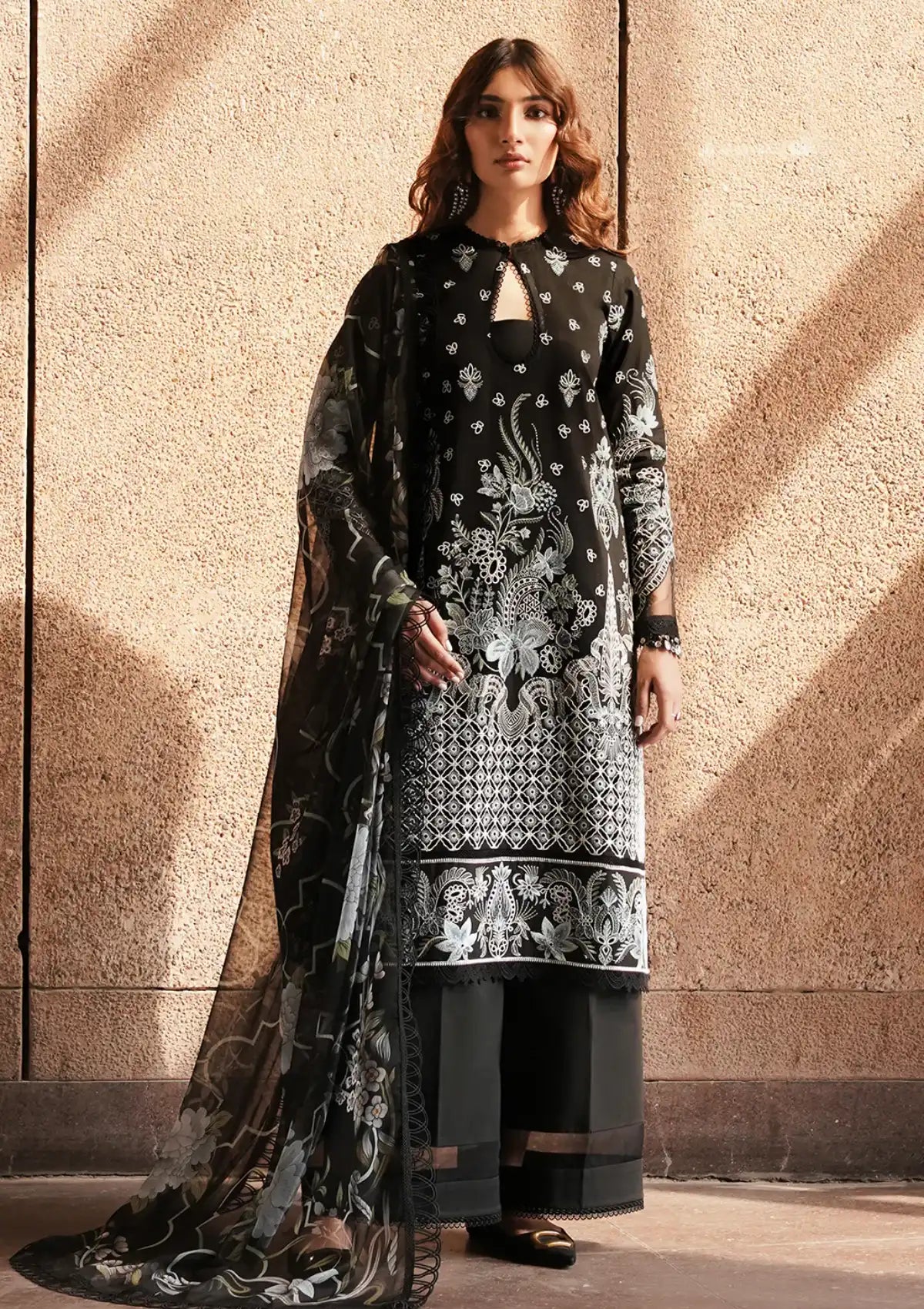 Afrozeh Festive Chikankari Lawn'24 AL-05 Caviar - Mohsin Saeed Fabrics