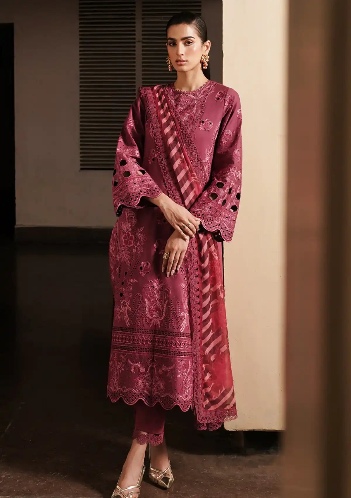 Afrozeh Festive Chikankari Lawn'24 AL-09 Cordovan - Mohsin Saeed Fabrics