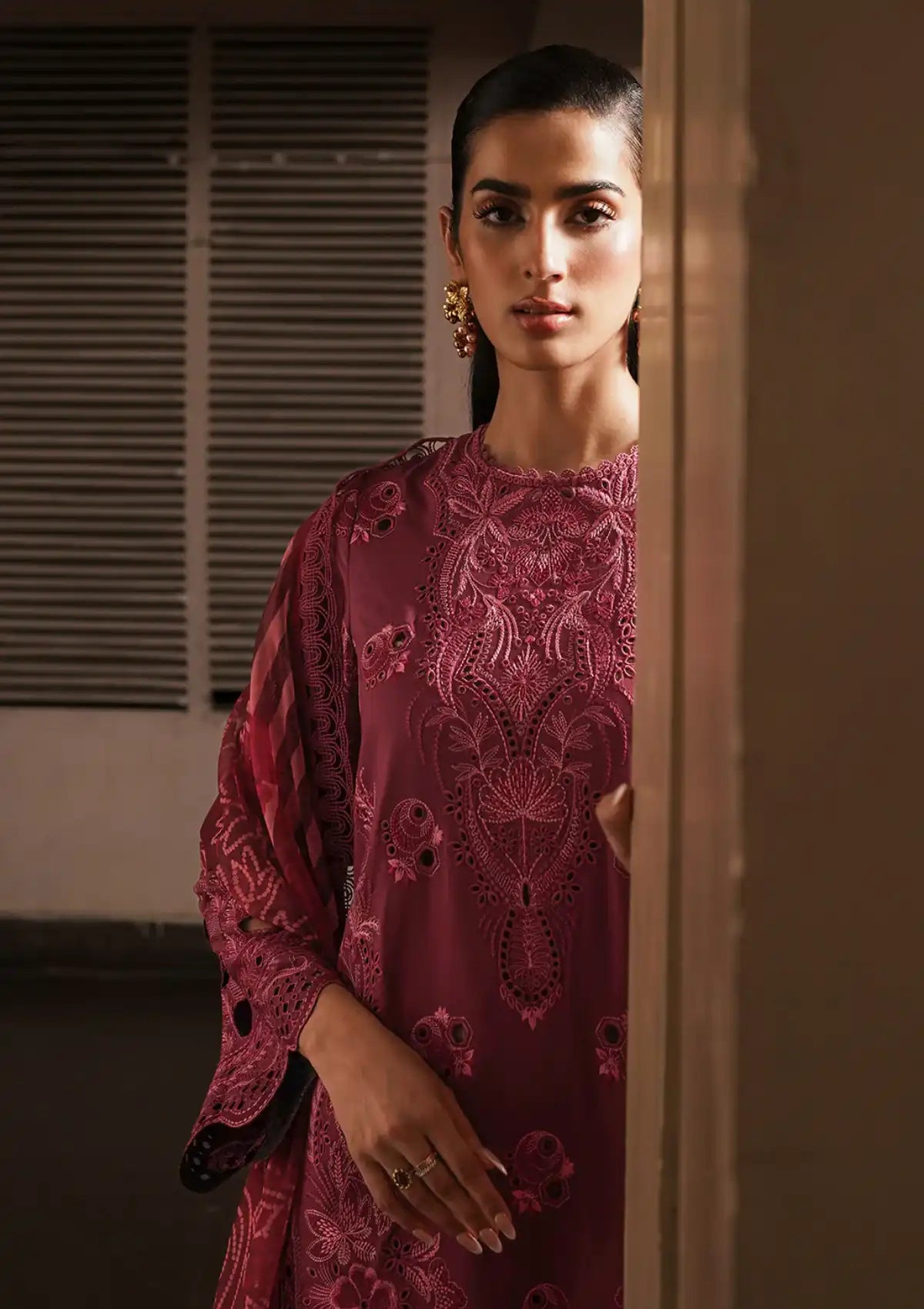 Afrozeh Festive Chikankari Lawn'24 AL-09 Cordovan - Mohsin Saeed Fabrics
