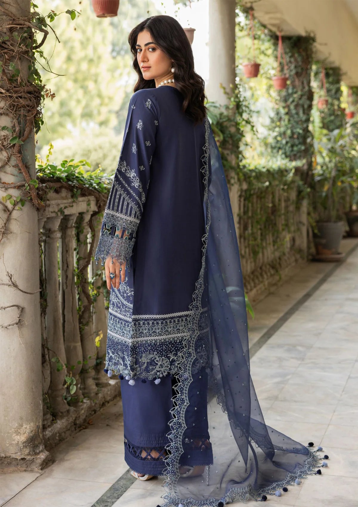 Farasha Bahaar Emb Lawn'24 D-01 BLUE OCHRE - Mohsin Saeed Fabrics