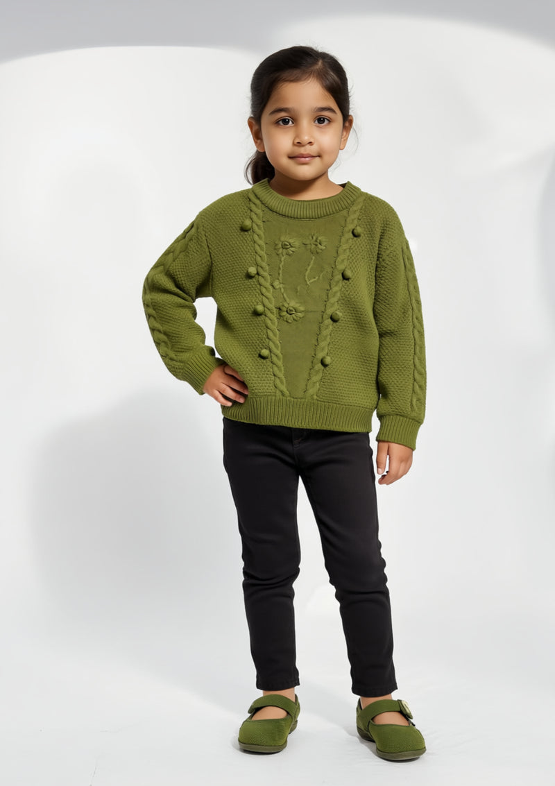 Girls Wool Sweater in Olive Green