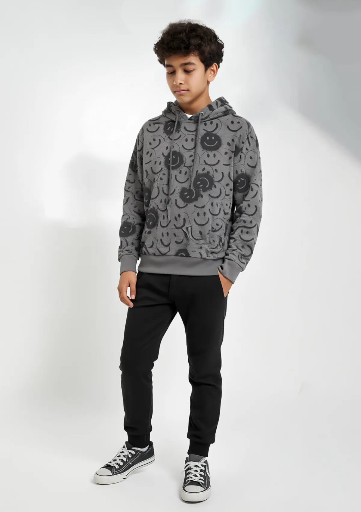 Boys Terry Hoodie in Black & Grey