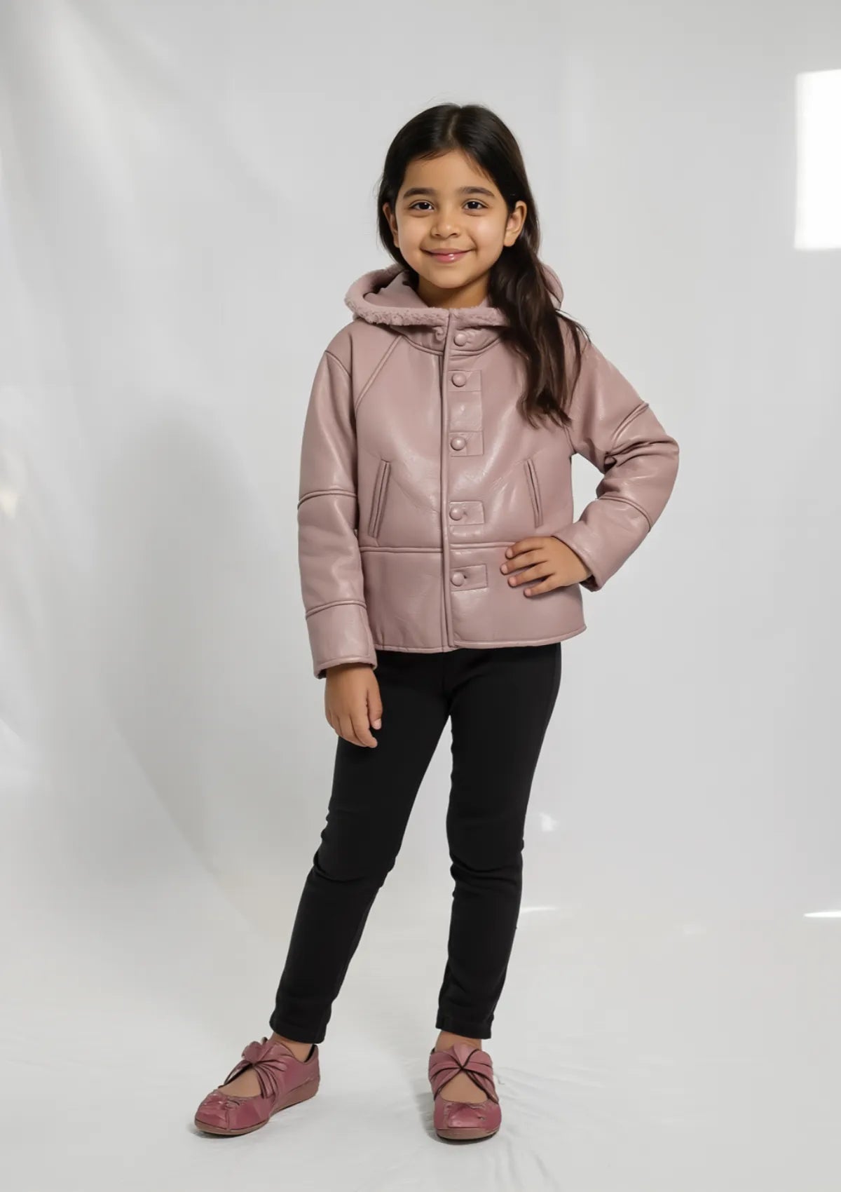 Girls Leather Jacket in Tea Pink