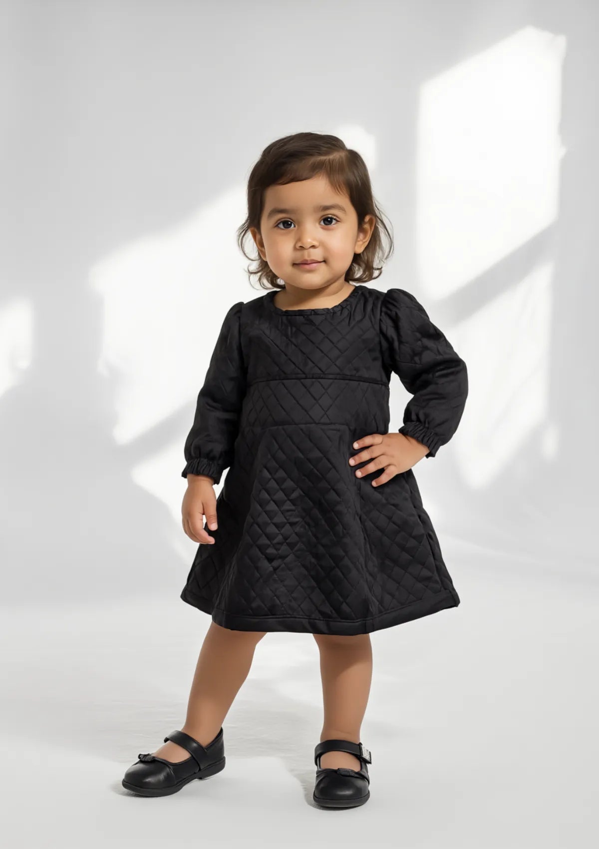 Girls Parachute Quilted Frock in Black