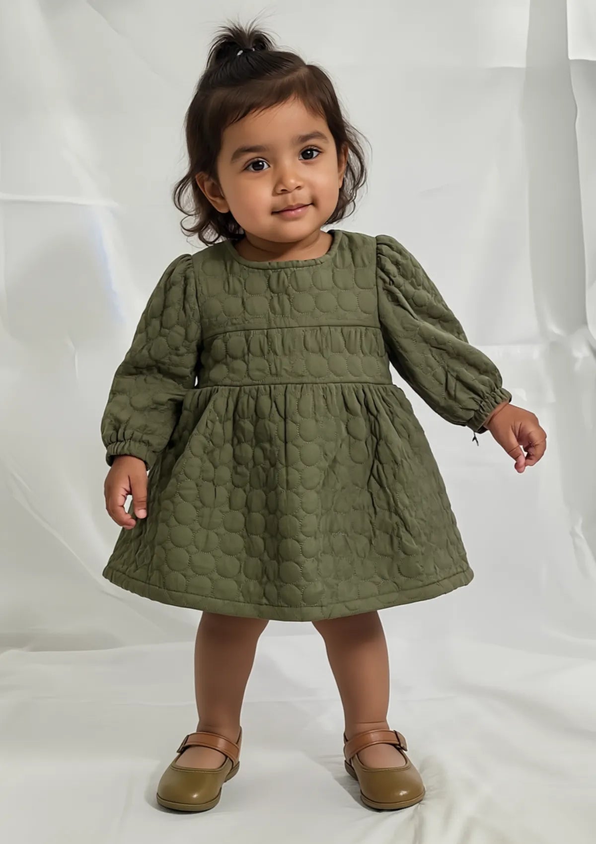 Girls Parachute Quilted Frock in Olive Green