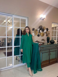 Raw silk three pc bottle green colour .
Pakistani brand delivering to Uk London
UK indian Pakistani brand
Women clothing brand in Pakistan
Online shopping brands
Ladies clothing brand in Pakistan
Pakistani brand delivering to Uk
Formal wears
Party wear 
Embroidery shirts 