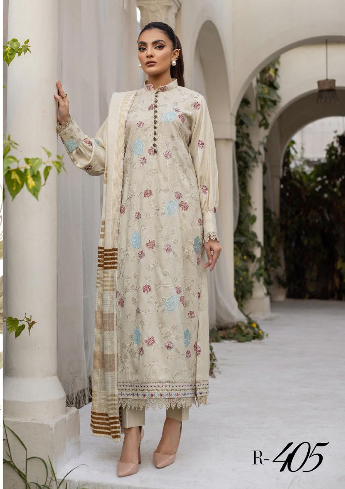 Khoobsurat Riwayat Emb Peach Leather'23 R-405 - Mohsin Saeed Fabrics
