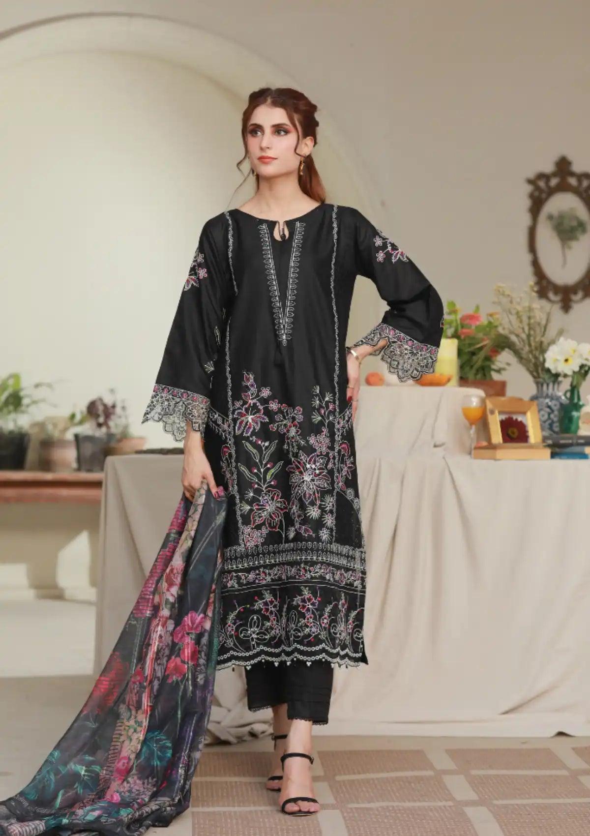 Clothere By Anam Lawnkari'24 D-02 Black Lawnkari - Mohsin Saeed Fabrics