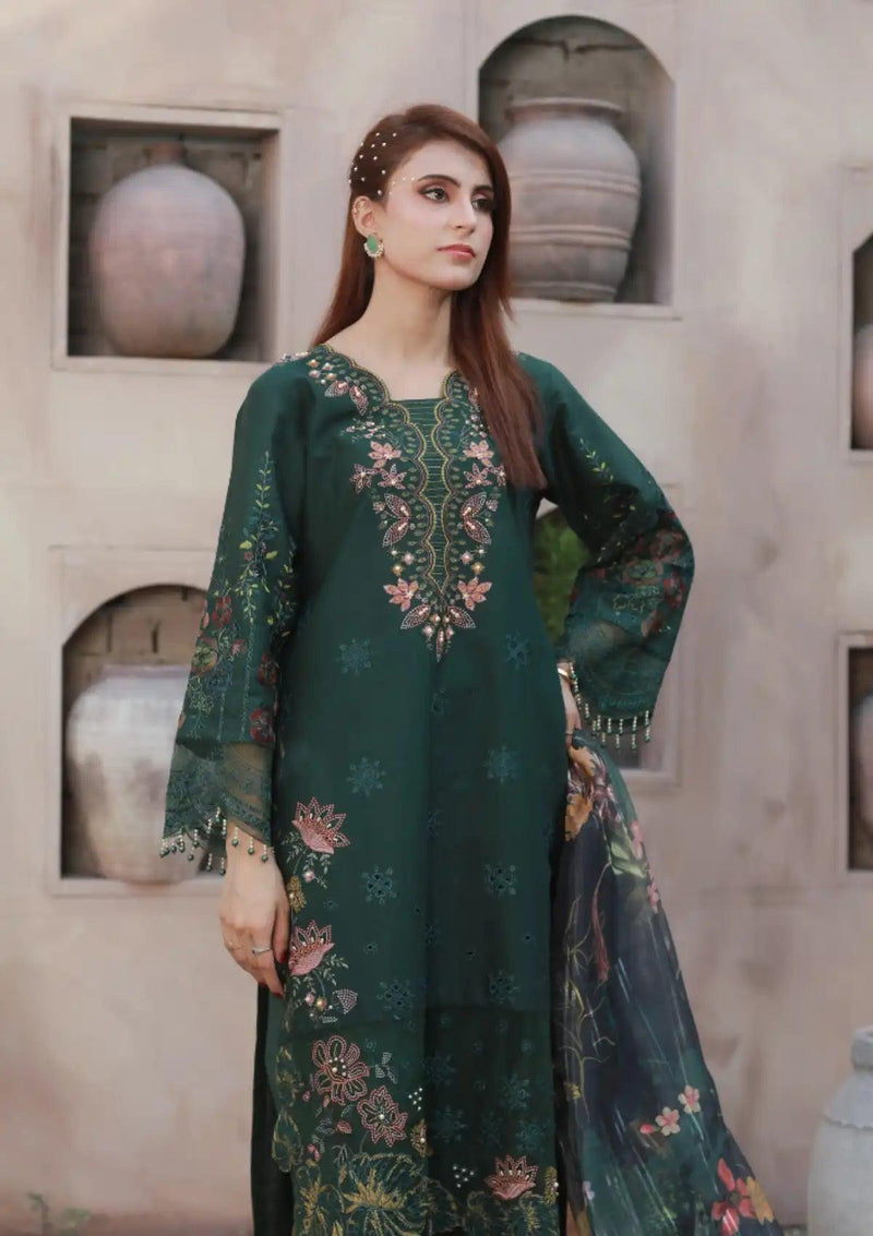 Clothere By Anam Lawnkari'24 D-03 Bottle Green - Mohsin Saeed Fabrics