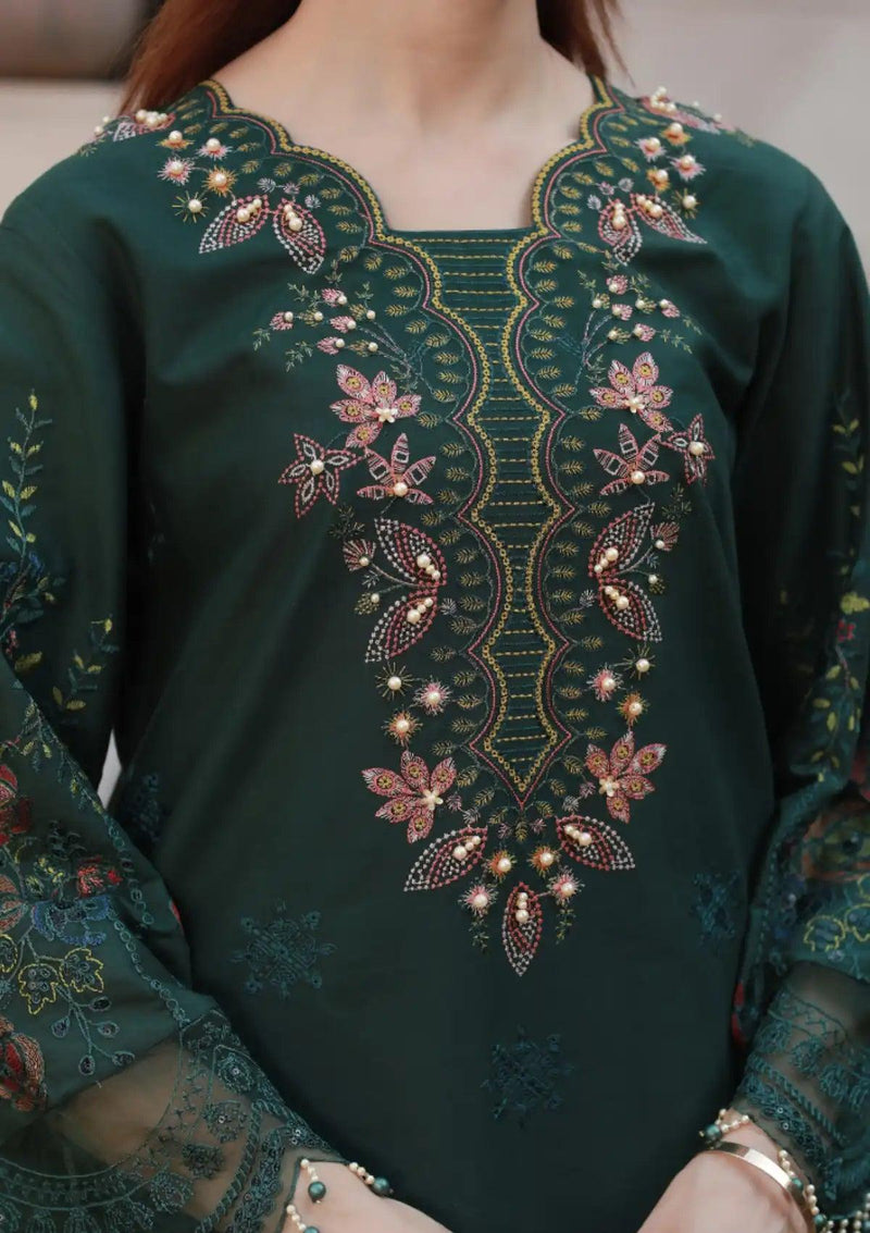 Clothere By Anam Lawnkari'24 D-03 Bottle Green - Mohsin Saeed Fabrics